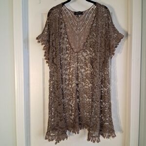 Lacy Brown Cardigan Kimono Floral Lace Short Sleeve By Modern Attraction Plus 2x